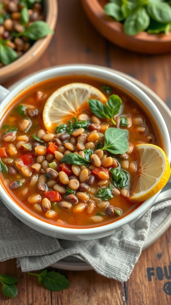 A vibrant bowl of Mediterranean lentil soup with spinach and lemon on a rustic table.